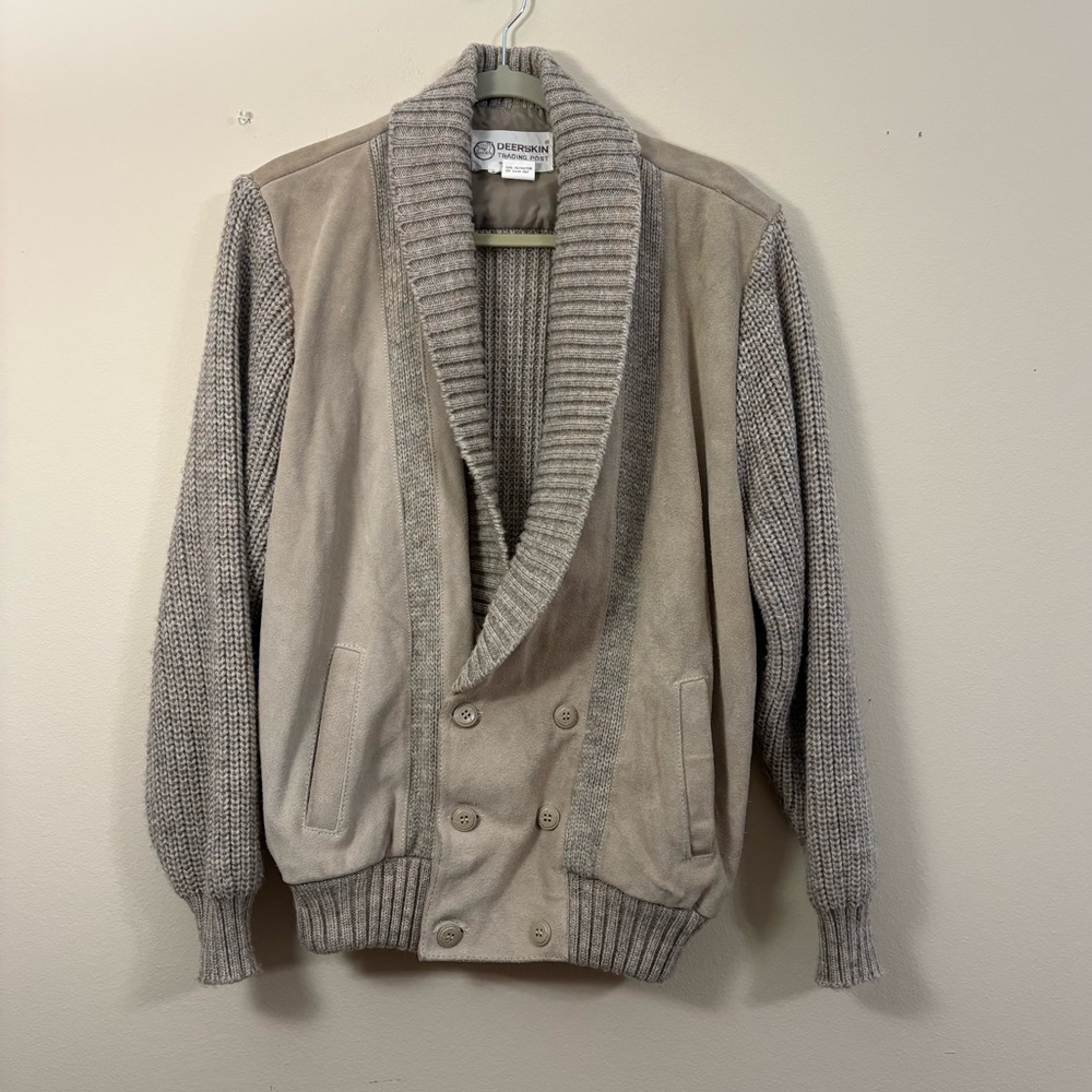 DEERSKIN TRADING POST body GENUINE LEATHER KNIT WOOL/POLY-VTG SAND JACKET L